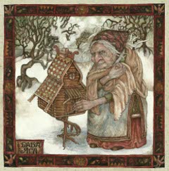 Baba Yaga, a frightening Russian witch who kidnaps and eats children.  She lives in a rotating house held up by chicken legs.